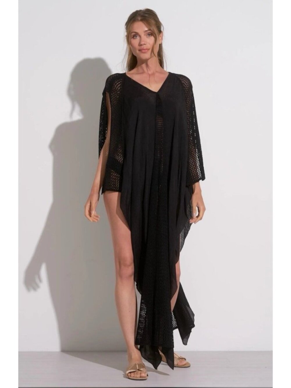 Anthropologie Elan Black Cut Out Maxi Kaftan Cover Up Dress Women's O/S NEW